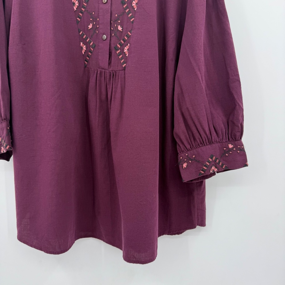 Knox Rose Top Women XXL NEW Burgundy Embroidered Buttons 3/4 Sleeves Boho Hippie - Picture 3 of 11